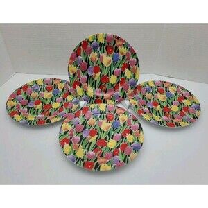 Set 4 Dept 56 Salad Dessert Plates Tulips Popprint 1988 Japan 7.5"